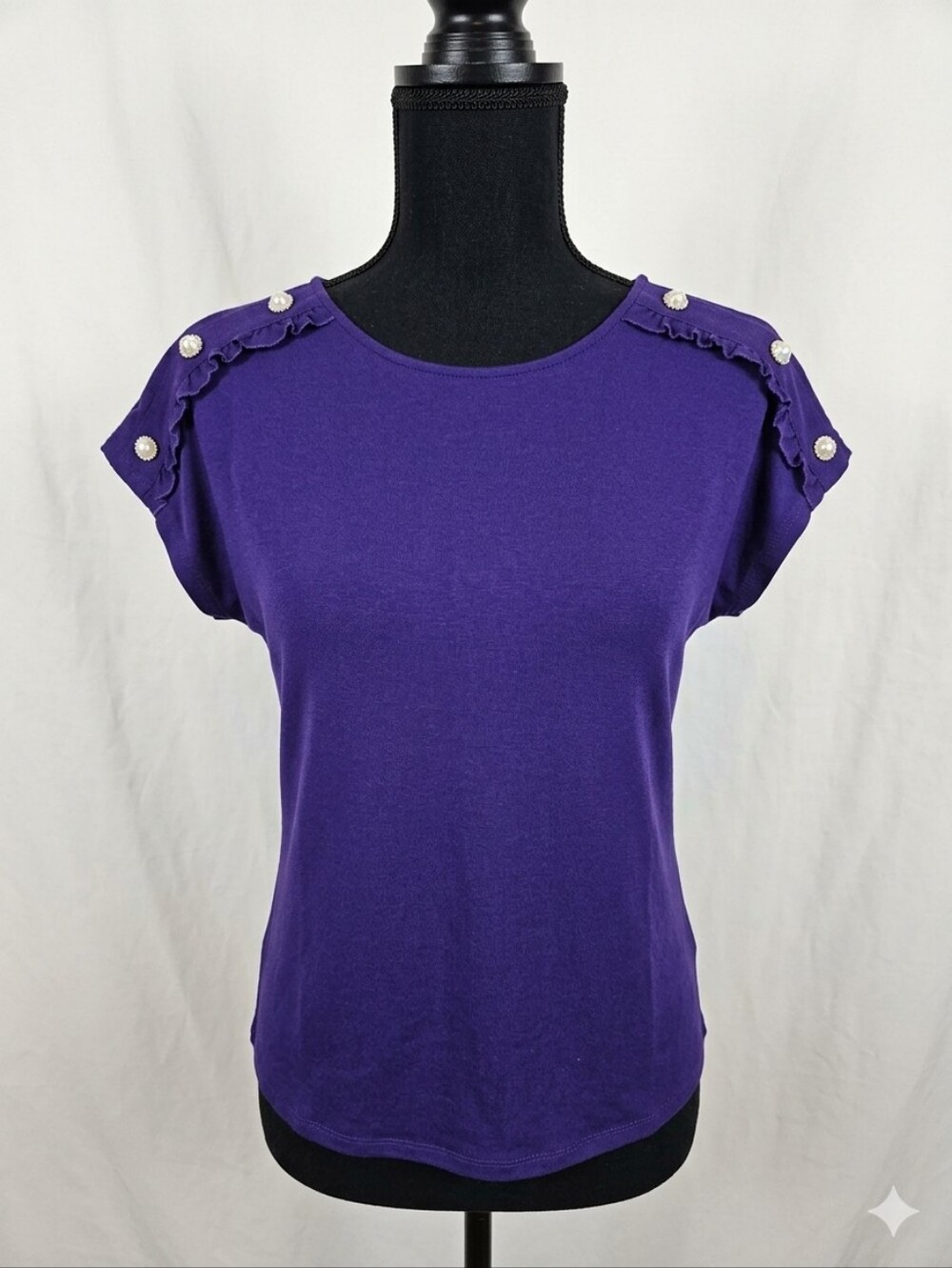 89th & Madison Purple Short Sleeve Ruffle Shoulder Tee with Pearl Buttons